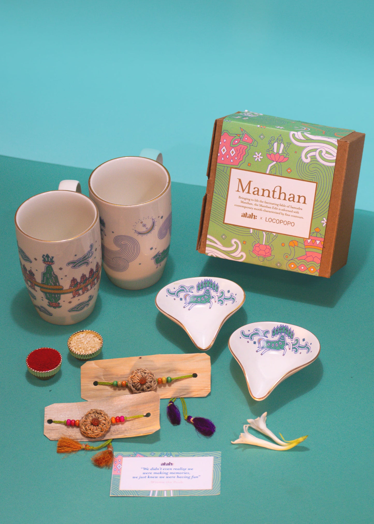 Eternal Ties: Rakhi Gift Hamper with Elegant Porcelain Mugs and Porcelain Diyas for Bhai-Bhabhi