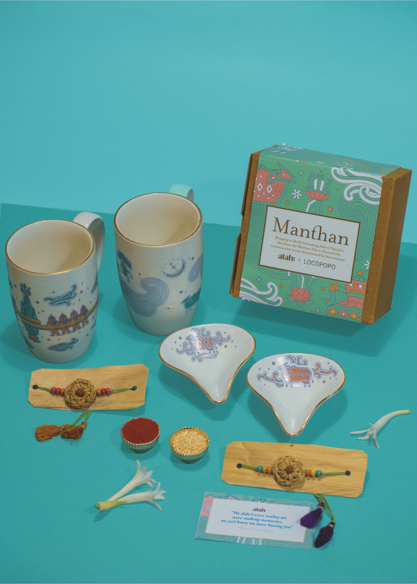 Eternal Ties: Rakhi Gift Hamper with Elegant Porcelain Mugs and Porcelain Diyas for Bhai-Bhabhi