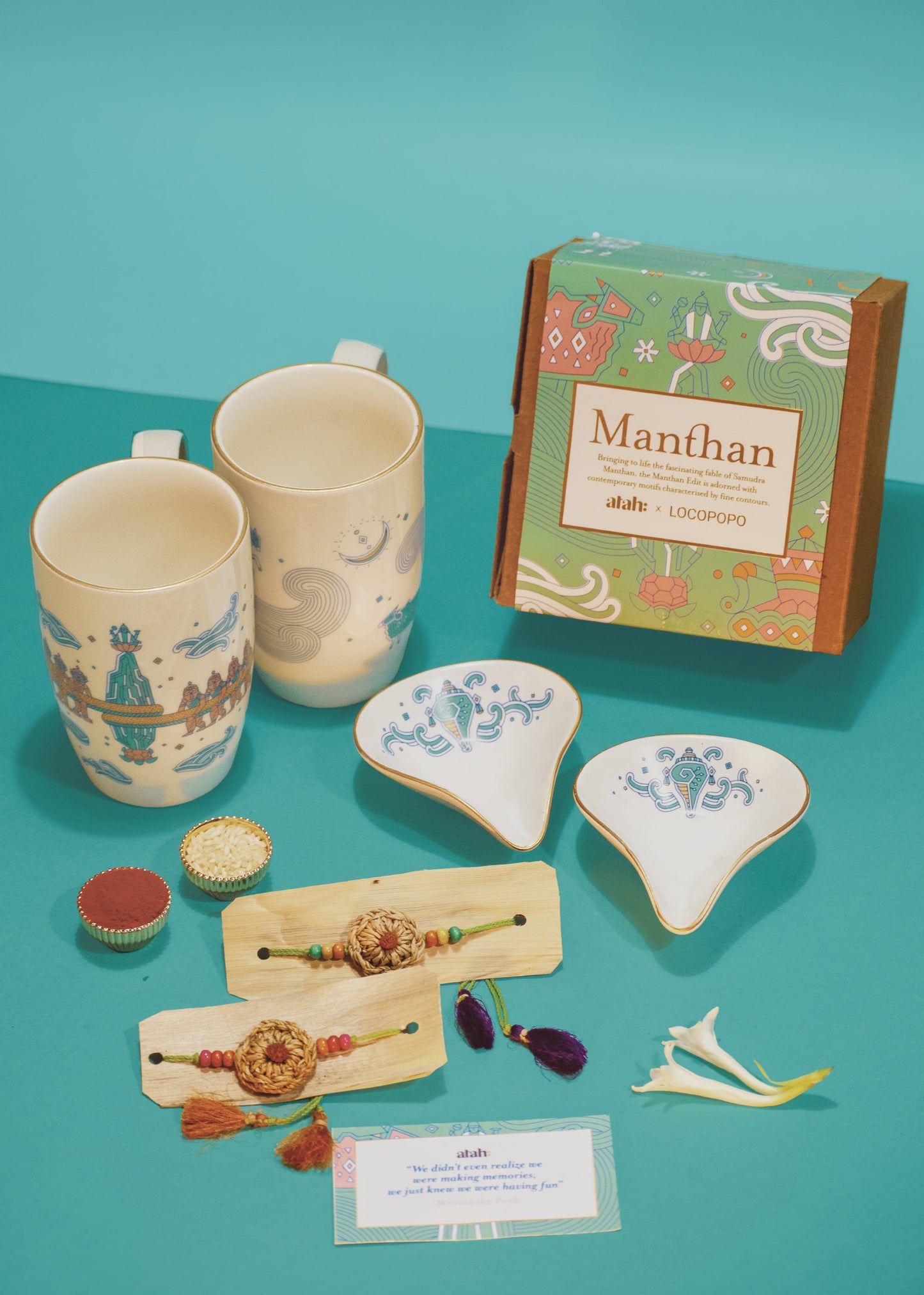 Eternal Ties: Rakhi Gift Hamper with Elegant Porcelain Mugs and Porcelain Diyas for Bhai-Bhabhi