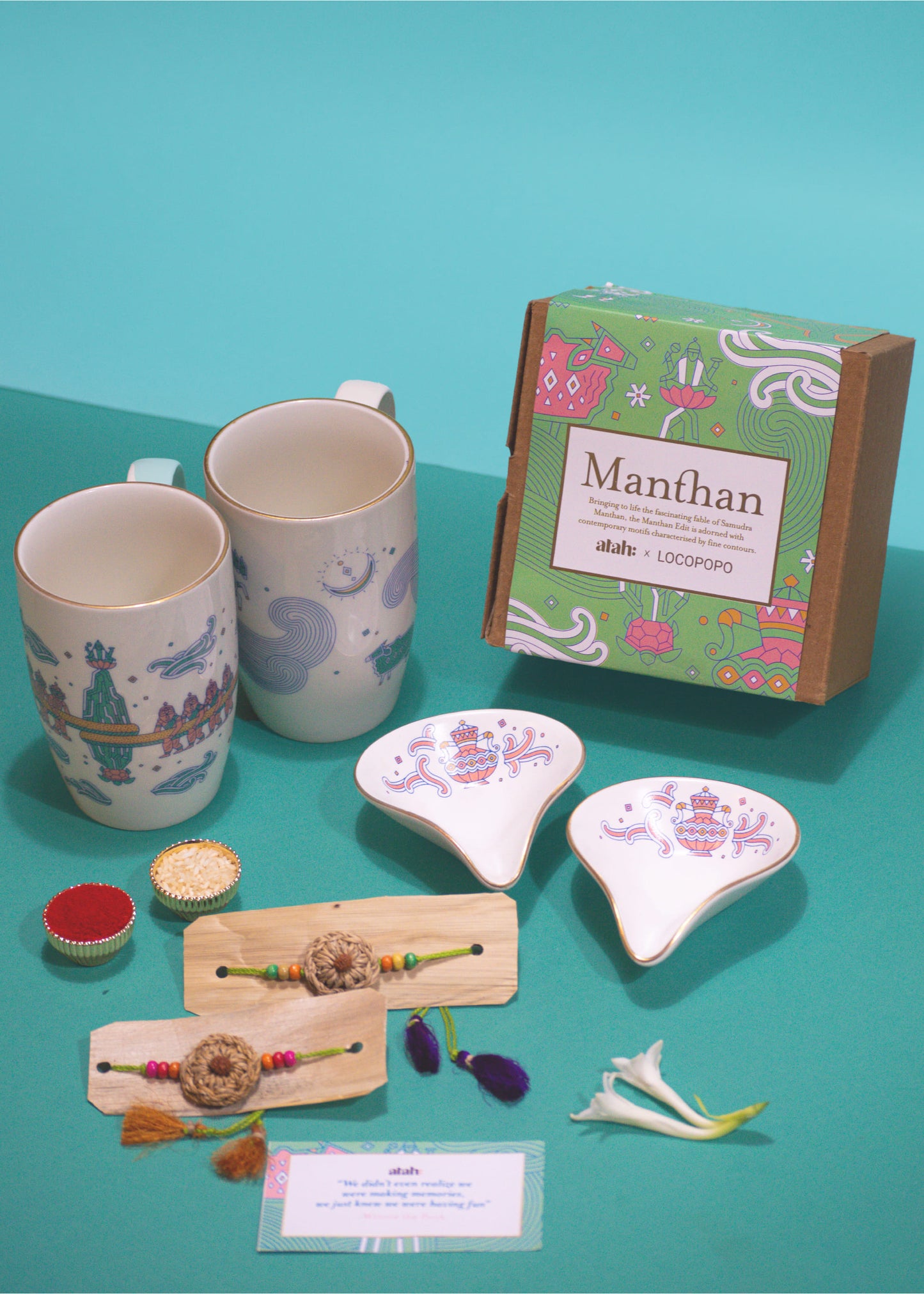 Eternal Ties: Rakhi Gift Hamper with Elegant Porcelain Mugs and Porcelain Diyas for Bhai-Bhabhi