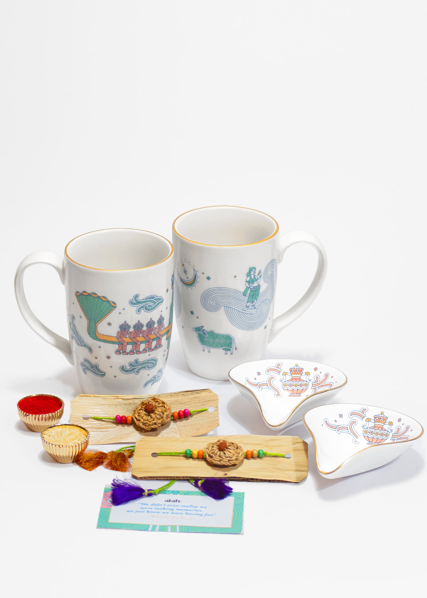 Eternal Ties: Rakhi Gift Hamper with Elegant Porcelain Mugs and Porcelain Diyas for Bhai-Bhabhi