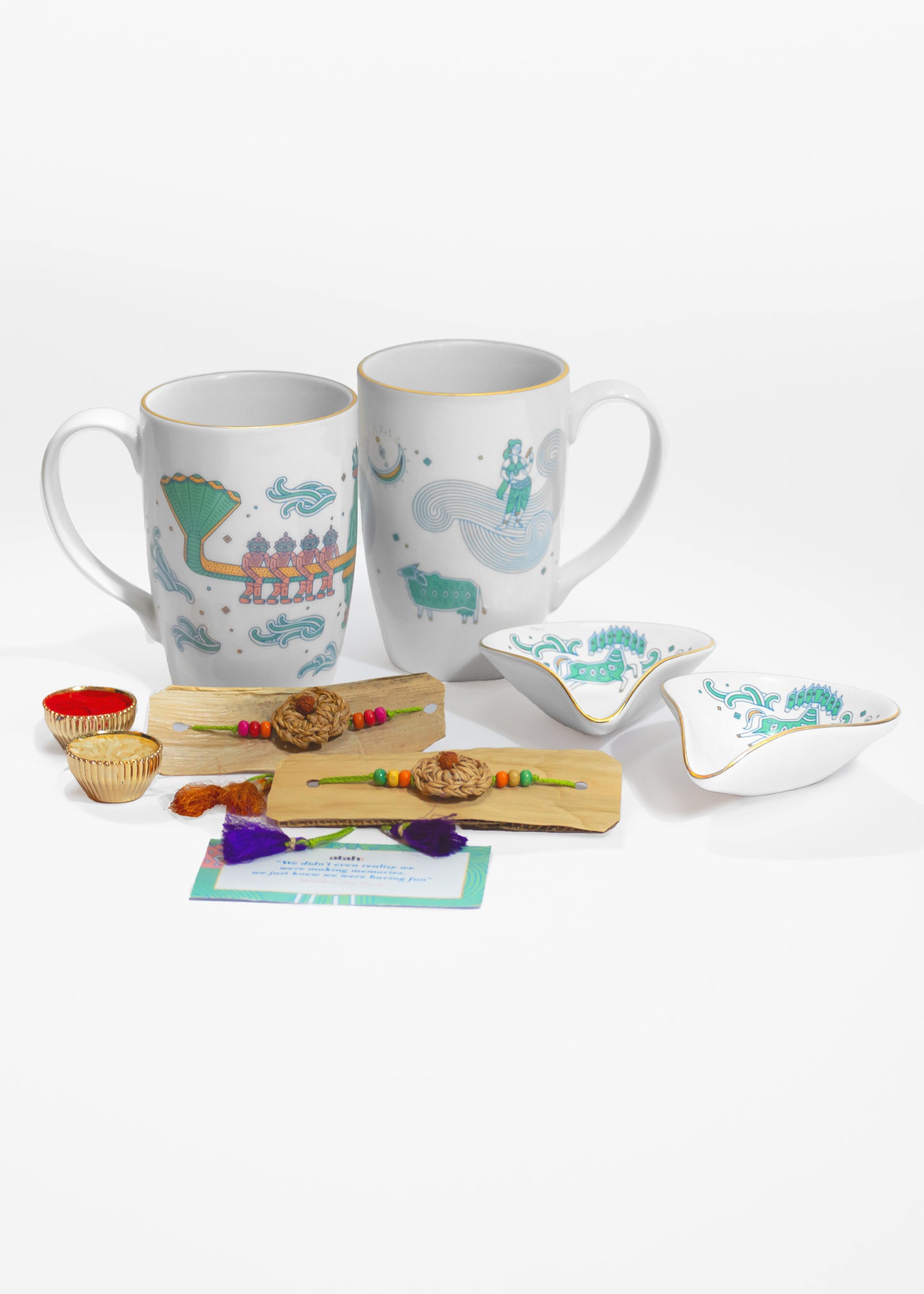 Eternal Ties: Rakhi Gift Hamper with Elegant Porcelain Mugs and Porcelain Diyas for Bhai-Bhabhi