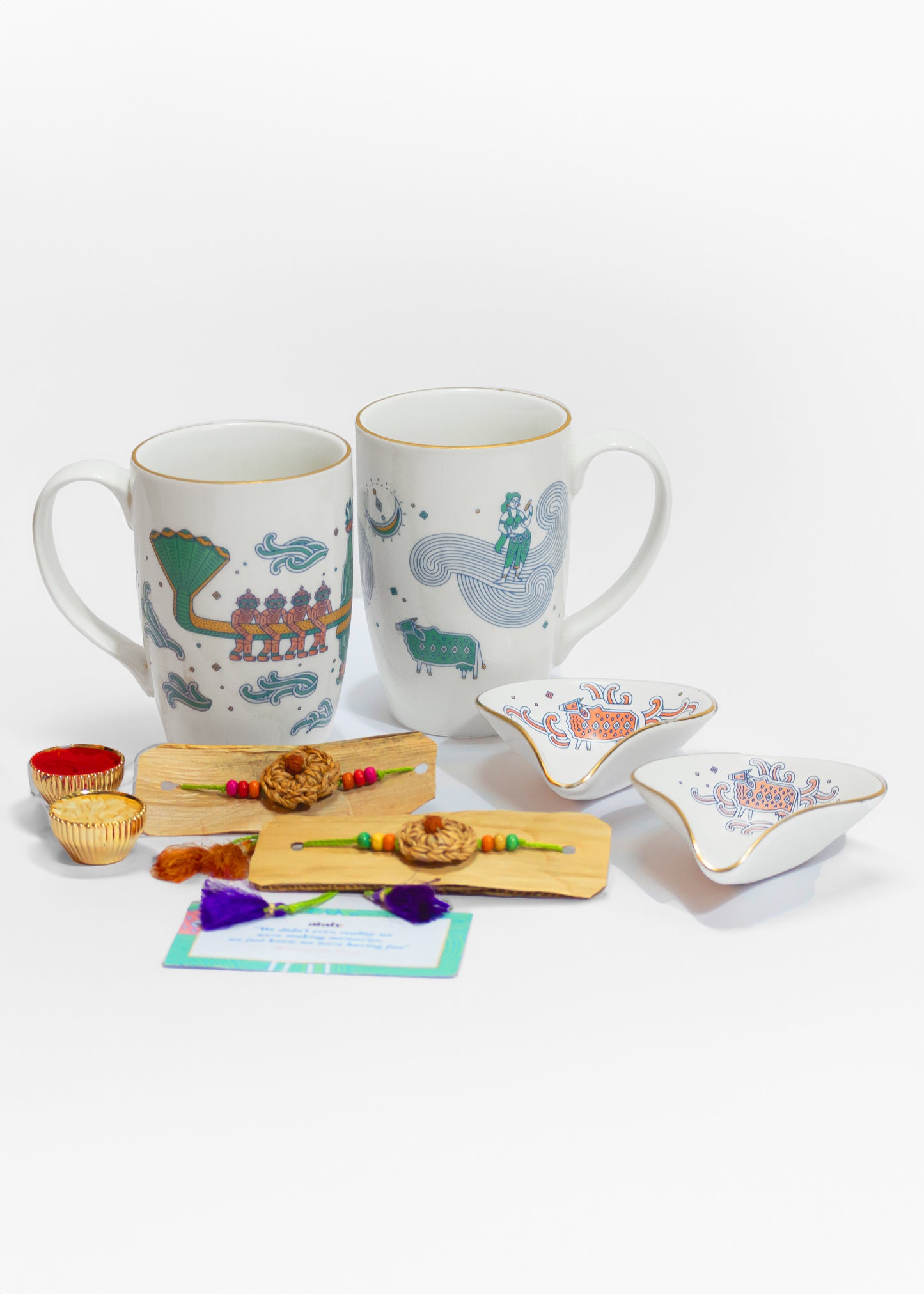 Eternal Ties: Rakhi Gift Hamper with Elegant Porcelain Mugs and Porcelain Diyas for Bhai-Bhabhi